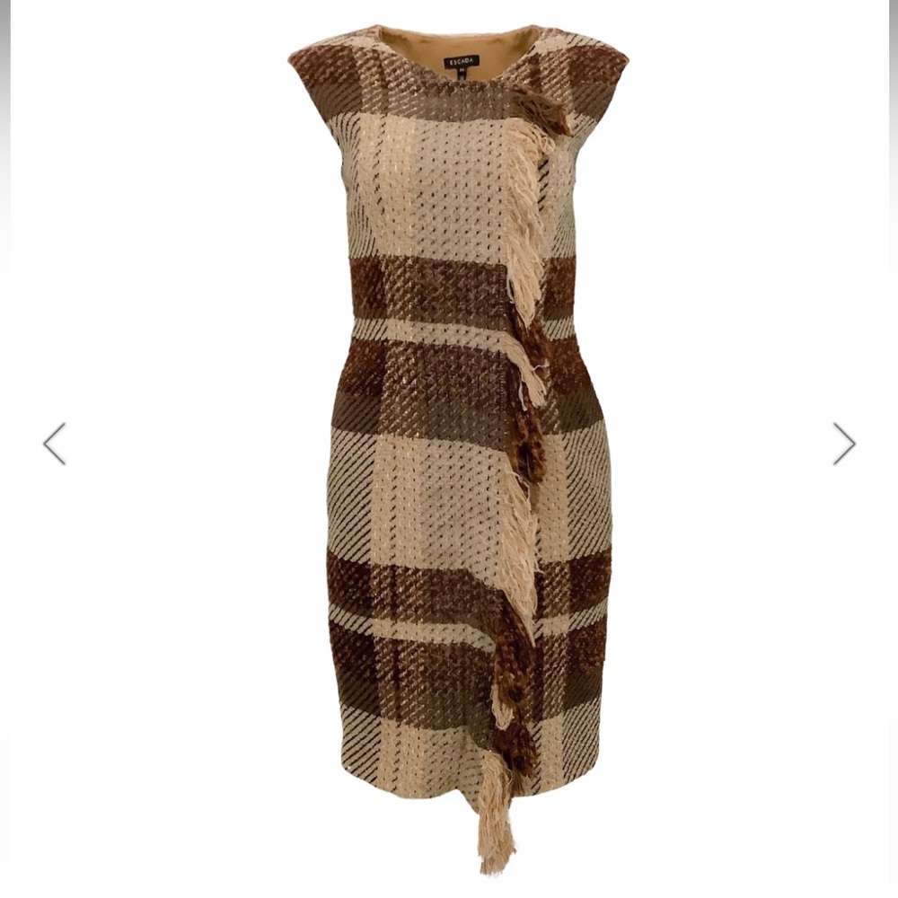 ❌SOLD❌ Escada Brown Multi Wool Plaid Sleeveless Dress with Fringe